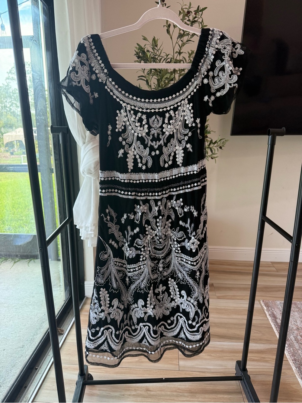 INC International Concepts Black Mini Dress with Silver Embroidery